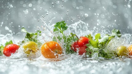 Poster - Fresh vegetables splashing in water, highlighting their freshness and vitality.