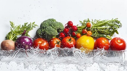 Poster - Fresh vegetables and fruits splashing in water, showcasing vibrant colors and freshness.