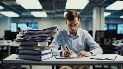 Poster - Professional executive struggling under massive paperwork stack, signing documents amid overwhelming workplace pressure, representing burnout and mental exhaustion in corporate environment