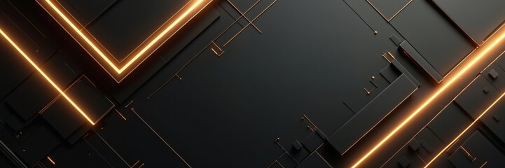 Poster - sleek black geometric backdrop with golden lines. modern tech elegant aesthetic. squares, rectangles