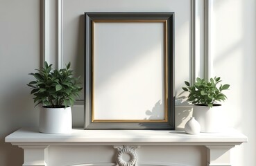 Poster - Blank black and gold frame mock-up with white passepartout on a white shelf, plants in pots on both sides, nobody, copy space. Modern interior decoration for living room, photo, image or painting.