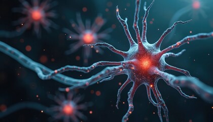 Poster - Illustration of nerve cells sending electrical signals in brain for neural activities. Neuron cells communicate in network. Concept of neuroscience, neurology, human intelligence, memory, mental