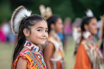 A smiling girl dressed in a colorful Native American outfit, featuring intricate beadwork, representing joy, cultural pride, and the continuation of traditions within the community.