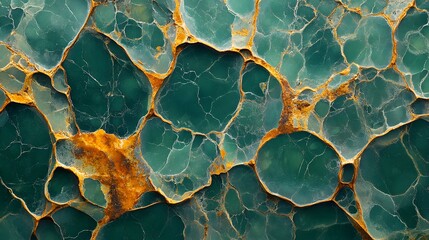 Poster - Close-up view of a stunning green and gold marble texture. The image showcases the intricate details and organic patterns of the stone. Intricate Green and Gold Marble Texture: A Close-Up View