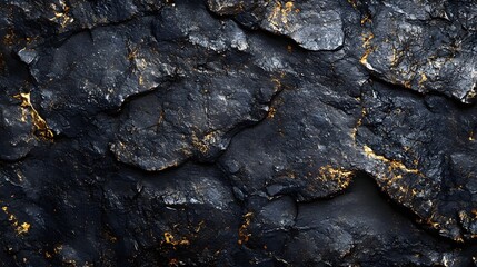 Poster - Close-up image of a dark rock surface with golden veins. The texture is rough and detailed. Black Gold: A Striking Texture of Dark Rock with Golden Veins