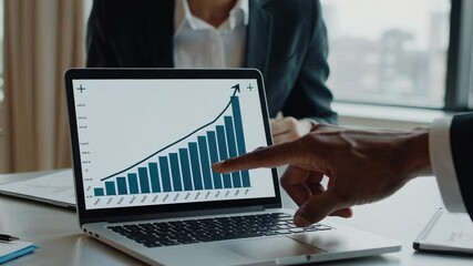 Poster - Business partners analyzing positive financial results on laptop, highlighting increasing profits with collaborative slow motion examination of growth chart data