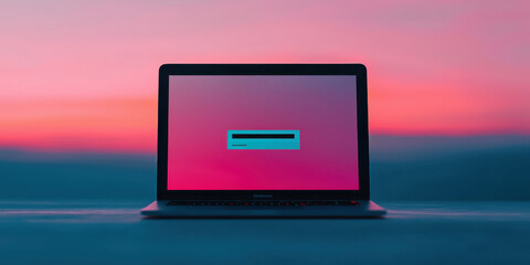 Poster - Phishing email concept, laptop screen displaying fake login page against colorful sunset