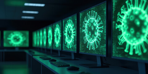 Poster - Phishing email concept, Dark room with multiple monitors displaying green virus graphics, creating tech atmosphere