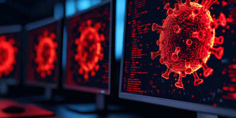 Poster - Phishing email concept, Dark room with multiple monitors displaying virus graphics and data