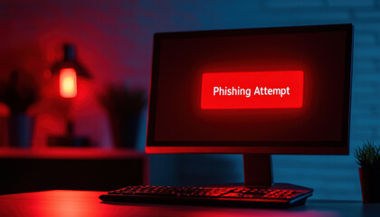 Poster - Phishing email concept, Red glowing warning sign on computer screen indicating phishing attempt