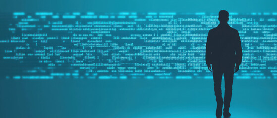 Poster - Phishing email concept, Hacker silhouette in front of cascading malware code, representing cybersecurity threats