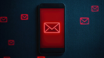Poster - Phishing email concept, smartphone displaying red email icon on dark background, symbolizing alerts