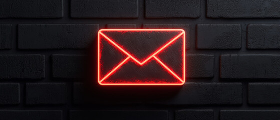 Poster - Phishing email concept, Neon email icon glowing against dark brick wall background