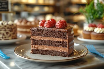 Wall Mural - Chocolate raspberry cake slice on a plate Decadent dessert photography Perfect for a sweet indulgence Delicious layers of chocolate and cream