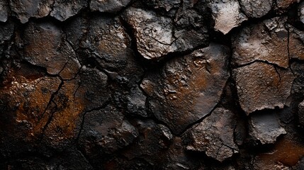 Poster - Abstract background of dark cracked earth. Brown and black tones dominate this detailed texture image. Dark Cracked Earth Texture: A Deep Brown and Black Abstract Background