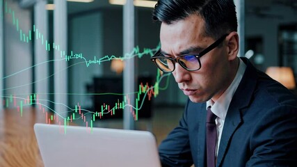 Poster - Finance professional analyzes stock market data on laptop, with superimposed charts and graphs indicating market trends in a slow motion montage