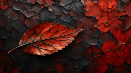 Poster - A single, vibrant red leaf rests on a textured, cracked dark surface. The rich colors and dramatic contrast create a captivating image. Crimson Leaf on a Cracked Surface: A Study in Autumnal Hues