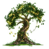a whimsical fairy tree clipart, fantasy nature element, magical glowing lights and green foliage, isolated on white background