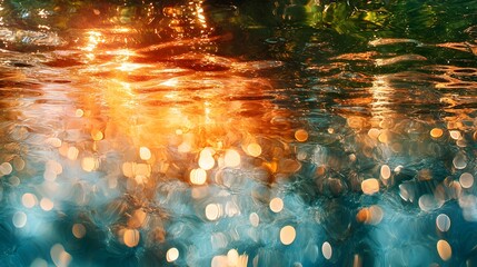 Poster - Underwater view, vibrant colors, golden hour light reflecting on water, creating abstract patterns and bokeh effect. Submerged Golden Hour: An Underwater Reflection of Light and Color