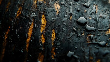 Poster - Close-up of a dark, textured surface with golden veins and water droplets. Abstract and dramatic. Dark Abstract Texture: Golden Veins and Water Droplets