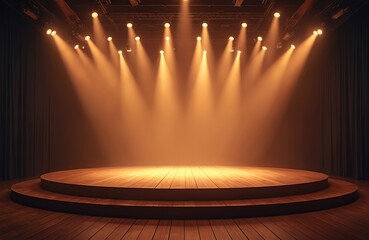 Aufkleber - Event stage illuminated with spotlights. Empty wooden stage with warm ambiance colors backdrop decoration. Perfect for performance show, music concert, theatre night club. Stage lighting design
