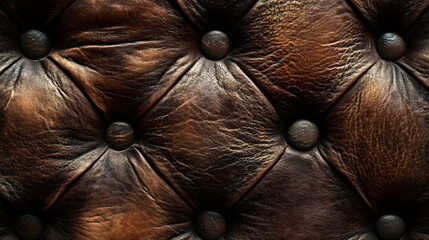 Aufkleber - Close-up view of a distressed brown leather texture. Button detailing adds to the vintage charm. Vintage Brown Leather Texture: A Close-Up of Distressed Upholstery with Button Detailing