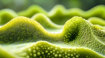 Poster - A detailed macro shot revealing the complex texture of a green organism, showcasing its intricate details and vibrant colors. Microscopic World: Unveiling the Intricate Texture of a Green Organism