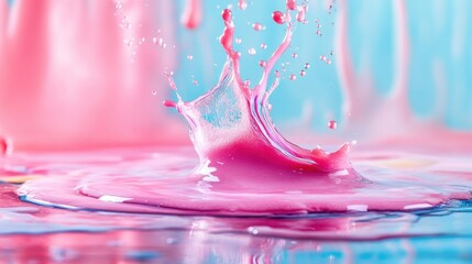 Poster - Colorful water splash with vibrant pink droplets against a soft blue background