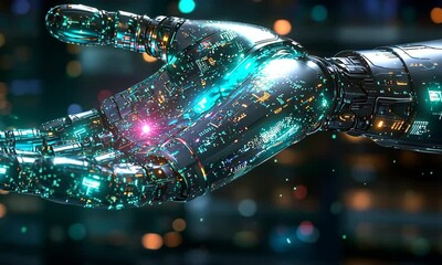 Poster - Glowing Robotic Hand in Dark Bokeh Background