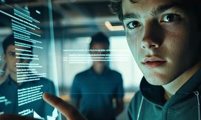 Poster - Teenager Interacting with Teal Digital Interface Data Streams Close Up