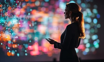 Poster - Woman Silhouette with Phone Against Colorful Data Background