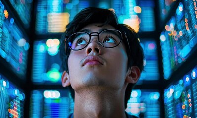 Poster - Young Man Gazing Upward at Blue Data Screens