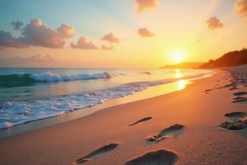Wall Mural - serene beach at sunrise, soft sand showing delicate footprints , quiet, morning, meditation