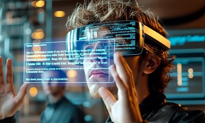 Poster - Young Man Interacting with Futuristic Transparent Digital Display via Hand Gestures