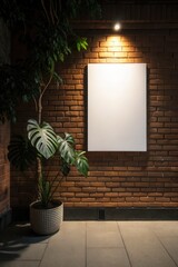 Wall Mural - Blank vertical advertise frame mockup on a brick wall with ambient light and monstera lant pot nearby