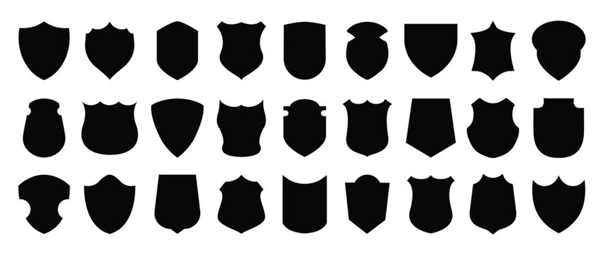 Shield icon. Heraldic shield set. Black knight award contours and linear signs. Protect shapes silhouette. Vector illustration