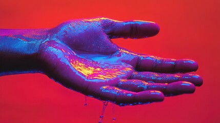 Poster - Vibrant Close-Up of a Hand Holding Shimmering Liquid with Colorful Background