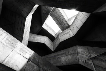Fototapete - Unique architectural design featuring bold geometric shapes illuminated by sunlight in a modern concrete structure
