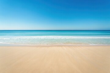 Minimal top view beautiful extensive tropical turquoise beach with deep blue sky, Skyline between ocean and wide sand beach in clean look