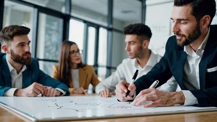 Aufkleber - Professional business team developing collaborative strategy, drawing visual concepts on whiteboard during slow motion meeting, exploring innovative project solutions