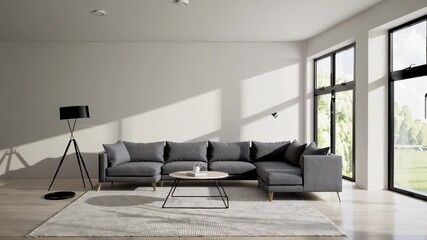 Poster - Sunlight illuminates a modern living room with a gray sectional sofa and a stylish floor lamp, creating a cozy and inviting atmosphere in this slow motion video