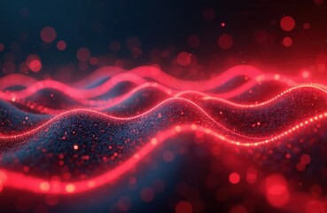 Poster - Abstract futuristic background with red glowing neon wave lines, bokeh lights. Data transfer concept. Fantastic AI wallpaper design in vibrant colorful style. Modern cyber space science fiction