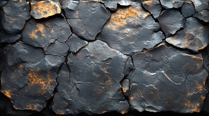 Poster - An abstract image showcasing a dark, cracked rock texture with shades of gray and burnt orange. Ideal for background or design. A Striking Abstract Image of Cracked, Dark Gray and Burnt Orange Stones