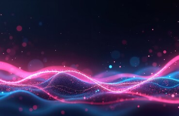 Poster - Abstract futuristic background with pink, blue glowing neon wave lines. Bokeh lights data transfer concept. Fantastic wallpaper with digital motion, dynamic energy, modern cyber space, science. Ai