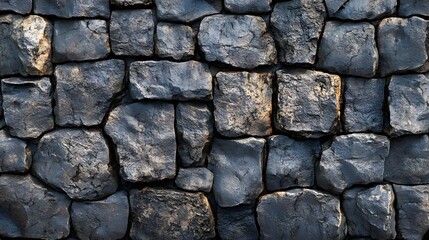 Poster - Close-up view of a dark grey stone wall. The texture is rough and irregular with various sized stones. Dark Grey Stone Wall Texture: Rough, Irregular, Close-up