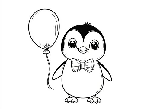 Little penguin chick wearing a tiny bowtie, holding a balloon.