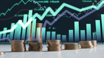 Aufkleber - Coin stacks evolve against a backdrop of dynamic stock market charts, illustrating financial trends and investment performance in a slow motion sequence