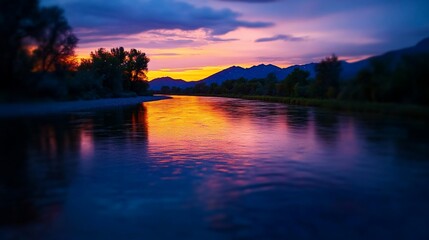 Wall Mural - Tranquil river scene with mountains reflecting a vibrant sunset glow