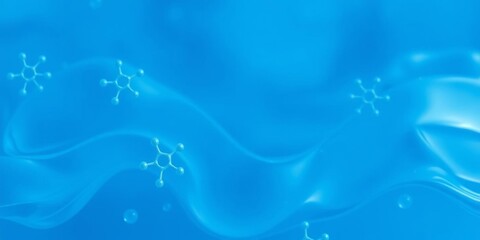 blue molecule atoms structures floating on a serene blue liquid serum background, representing the s
