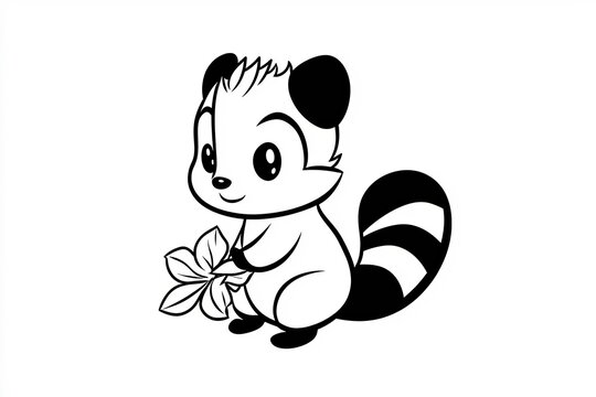 Tiny skunk with a small striped tail, holding a flower.